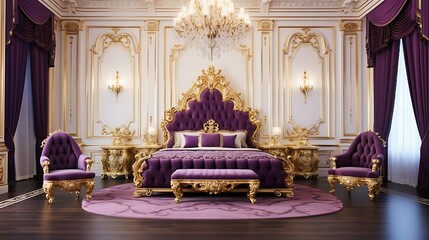 Regal bedroom with a king-sized purple velvet bed, gold-trimmed headboard, and a massive crystal chandelier suspended from a ceiling with ornate moldings.