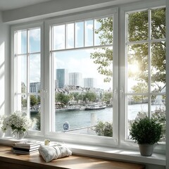 Fototapeta premium Bright Window View of Cityscape, River, and Sunlight with Potted Plant