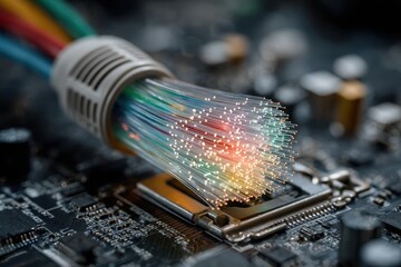 Colorful Fiber Optic Cable Connecting to Circuit Board with Glow