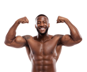 Smiling muscular man flexing his biceps