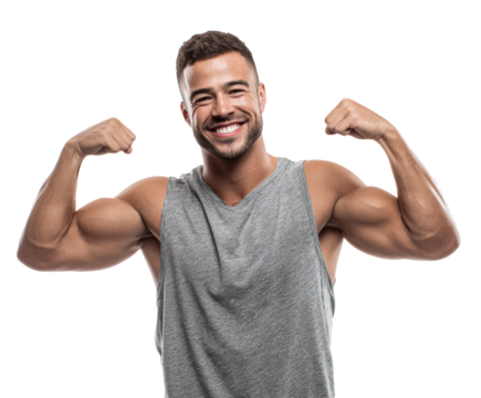 Happy muscular man flexing his biceps
