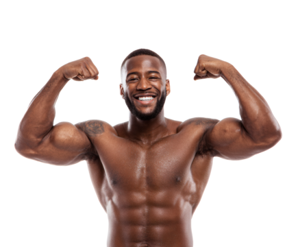 Smiling muscular man flexing his biceps