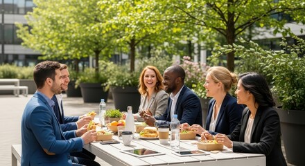 Multicultural business team enjoying outdoor lunch break together peacefully