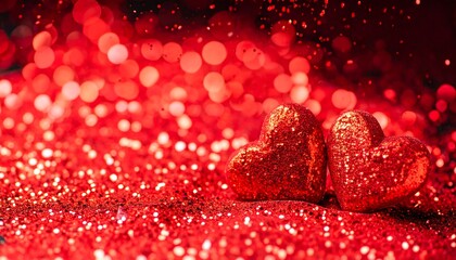 Red hearts on a sparkling red background