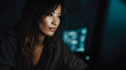 Focused young woman working intently on a computer in a dark tech savvy environment illuminated by glowing screens
