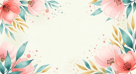 Obraz premium Soft watercolor floral border with delicate pink blossoms and green leaves