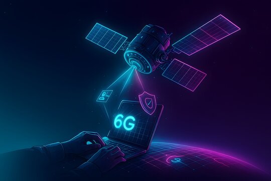 Satellite beaming signals to laptop displaying 6G text, neon cyan‑magenta space scene with holographic glow, futuristic telecom illustration for research, connectivity articles