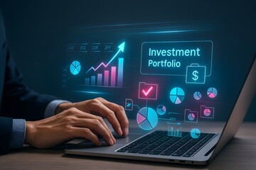 Hands typing on laptop with holographic investment portfolio dashboard, growth charts and currency icons in neon cyan, low-key lighting, for finance presentations and wealth management