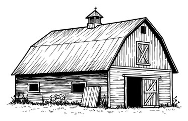 A Barn Building Coloring Book Style Black and White Outline Line Art Drawing of a Rural Farm Structure