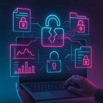 Laptop with floating folders and cracked padlocks, neon cyan and magenta lines, representing data breach, access control failure and document security management