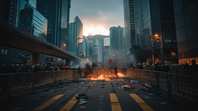 Protesters clash with authorities amid burning barricades in urban landscape