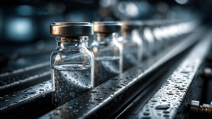 Medical vials on wet conveyor belt in production
