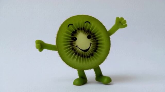 Eine aufgeschnittene Kiwi als Figur, mit fr&ouml;hlichem Gesicht im Fruchtinneren, comicartige Arme und Beine &ndash; dargestellt auf wei&szlig;em Hintergrund.
