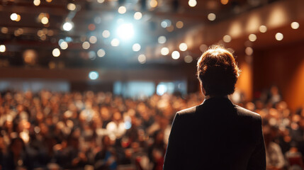 Speaker addresses large audience in conference hall