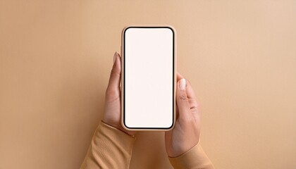 minimalist tan smartphone mockup hand holding beige phone on beige background