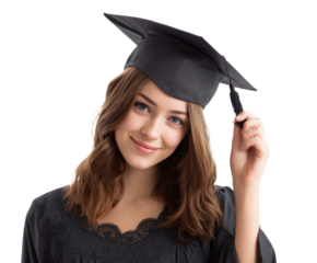Smiling female graduate with a mortarboard and gown celebrating her achievement.