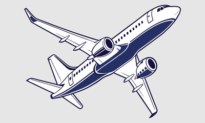 Airplane in flight illustration, with white and blue colors, top view