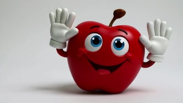 Ein fr&ouml;hlicher roter Apfel mit gro&szlig;en Comic-Augen, breitem L&auml;cheln und wei&szlig;en Handschuh-H&auml;nden, die fr&ouml;hlich in die Luft winken &ndash; dargestellt auf wei&szlig;em Hintergrund.