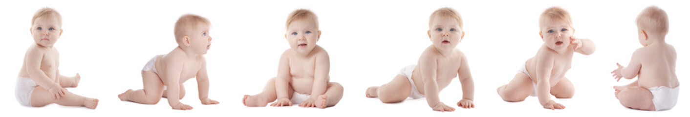 Cute little baby on white background, collage of photos