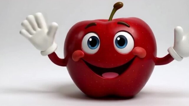 Ein fr&ouml;hlicher roter Apfel mit gro&szlig;en Comic-Augen, breitem L&auml;cheln und wei&szlig;en Handschuh-H&auml;nden, die fr&ouml;hlich in die Luft winken &ndash; dargestellt auf wei&szlig;em Hintergrund.