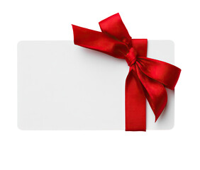 Gift certificate or voucher with red ribbon.  A rectangular white card, outlined in a thin black line, is adorned with a vibrant red satin ribbon.  A  bow is tied on the top left corner