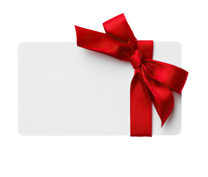 Gift certificate or voucher with red ribbon.  A rectangular white card, outlined in a thin black line, is adorned with a vibrant red satin ribbon.  A  bow is tied on the top left corner - Powered by Adobe