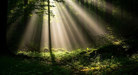 Sunbeams pierce through a dense forest canopy illuminating the undergrowth