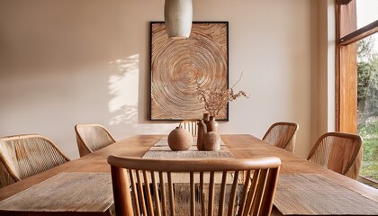 rustic live edge dining table and wooden log chairs against beige wall with big art poster frame farmhouse japandi interior design of modern dining room
