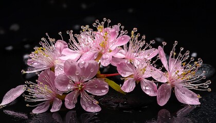 dew drops on a pink ash flower with pedals on black background