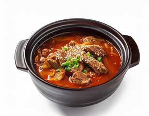 korean style spicy mutton soup with sesame seeds isolated on a white background