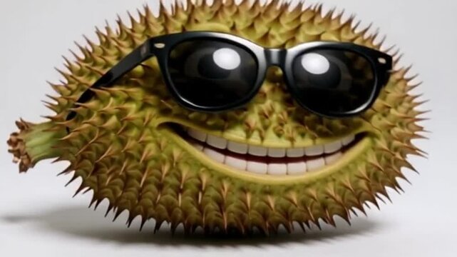 Eine Durian mit stachliger Schale, witzigem Comic-Gesicht, grinsend, mit comicartigen Armen und Beinen &ndash; dargestellt auf wei&szlig;em Hintergrund.