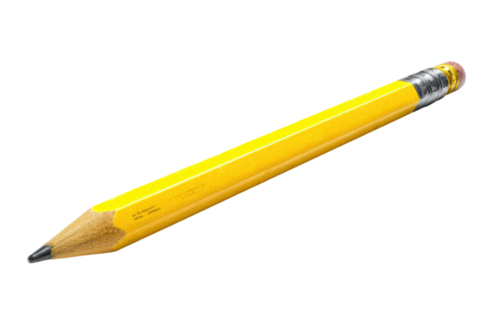 A very long, yellow pencil, angled, against a black background.  The pencil's graphite lead is visible