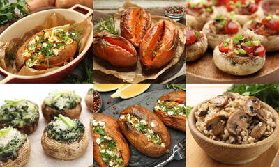 Collection of food products with earthy taste, collage