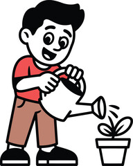 Cartoon Boy Watering Plant Illustration for Gardening and Environmental Education