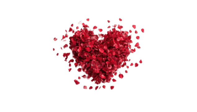 A heart-shaped cluster of red rose petals, exploding outwards