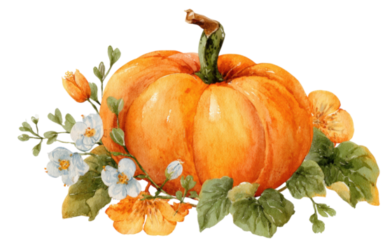Orange pumpkin surrounded by delicate white and peach flowers and leaves - Powered by Adobe