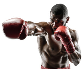 A focused boxer throws a powerful punch, showcasing strength and athleticism in the ring.