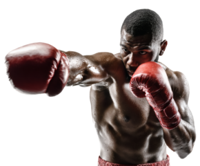 A focused boxer throws a powerful punch, showcasing strength and athleticism in the ring.
