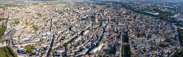 An aerial panorama view around the old town in the city Reims in France on a sunny day in early spring