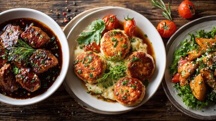 Delicious Three Course Meal: Meatballs, Stewed Meat, and Vegetable Salad