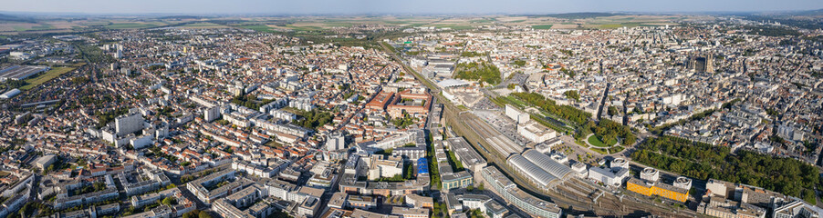 An aerial panorama view around the old town in the city Reims in France on a sunny day in early spring