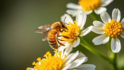 Obraz premium Close up of a busy honeybee collecting nectar from a white and yellow wildflower in soft sunlight