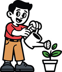 Cartoon Boy Watering Plant Vector Illustration Gardening Growth Nurturing Cultivation