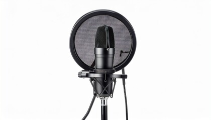 professional black microphone stand with a pop filter isolated on a white background