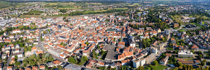 An aerial panorama view around the old town in the city Sarrebourgt in France on a sunny day in early spring