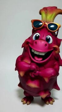 Eine rote Drachenfrucht mit Comic-Gesicht, lachend, mit Armen und Beinen in lustiger Pose &ndash; dargestellt auf wei&szlig;em Hintergrund.