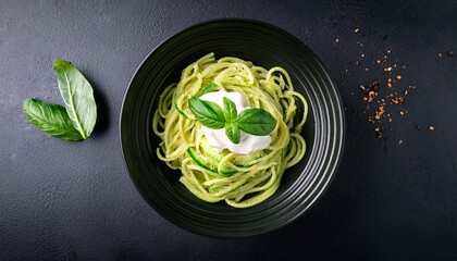 vegetarian zucchini noodle pasta in a black bowl with basil cream and cheese on a dark stone table top view with fresh basil leaves and ample copy space