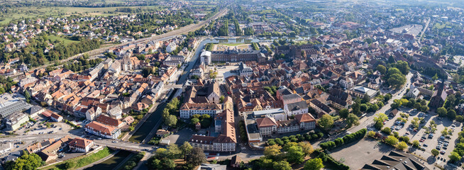 An aerial panorama view around the old town in the city Saverne in France on a sunny day in early spring