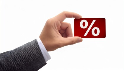 hand holding card with percent symbol on it on white background