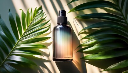 translucent ombre bottle with matte black cap amidst tropical leaves bathed in dappled sunlight